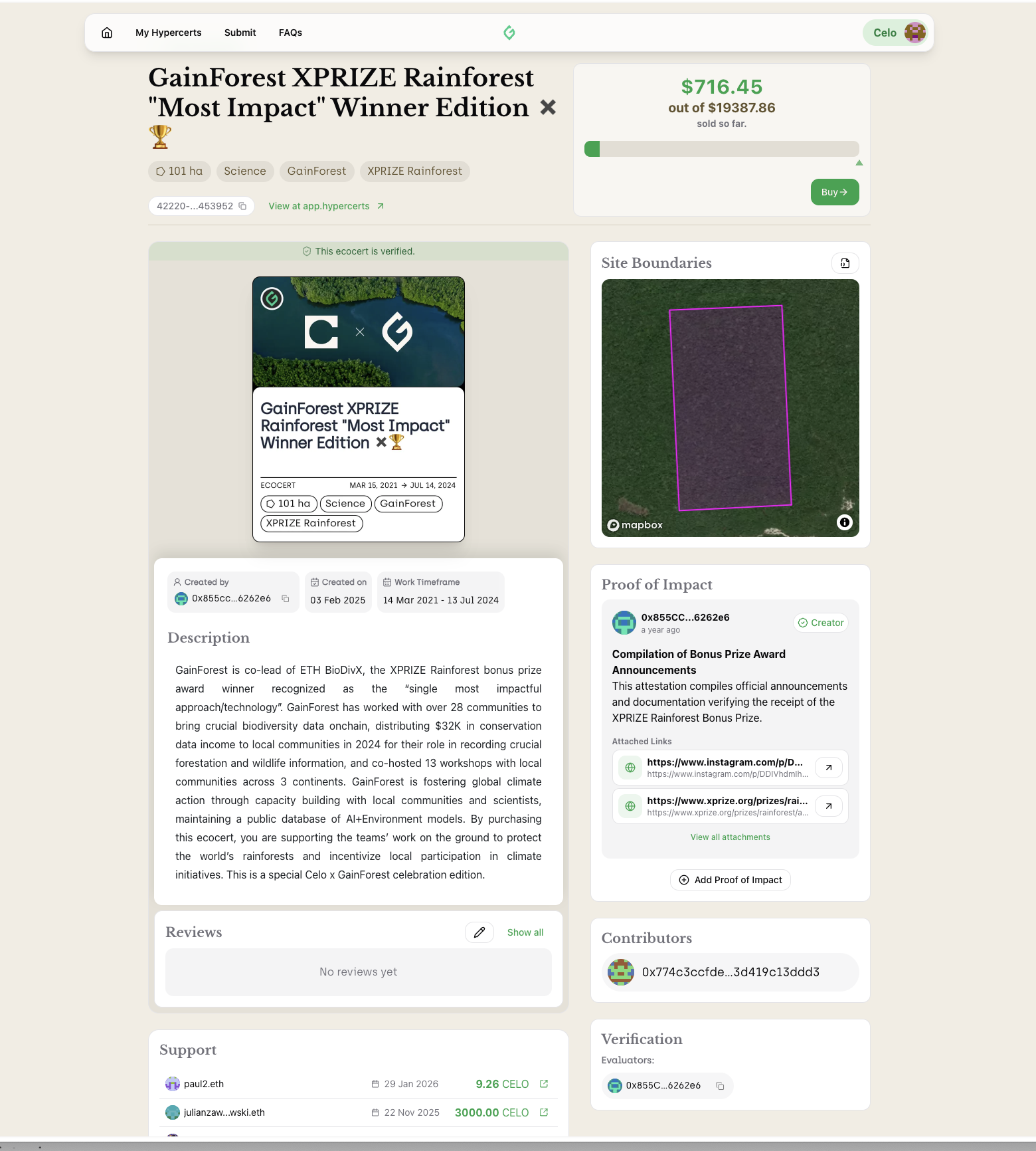 ecocertain.xyz, the first iteration of an environmental hypercert marketplace